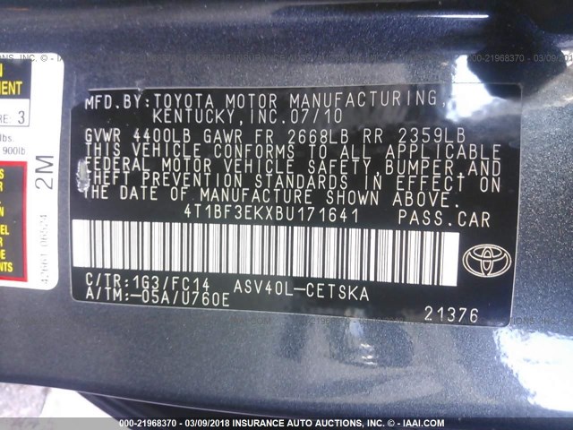 4T1BF3EKXBU171641 - 2011 TOYOTA CAMRY SE/LE/XLE Серый фото 9