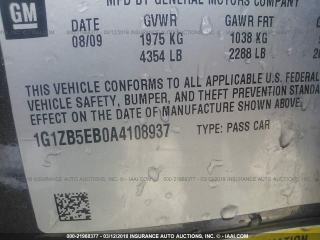 1G1ZB5EB0A4108937 - 2010 CHEVROLET MALIBU LS ნაცრისფერი ფოტო 9