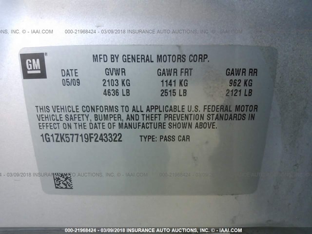 1G1ZK57719F243322 - 2009 CHEVROLET MALIBU LTZ 银色 照片 9