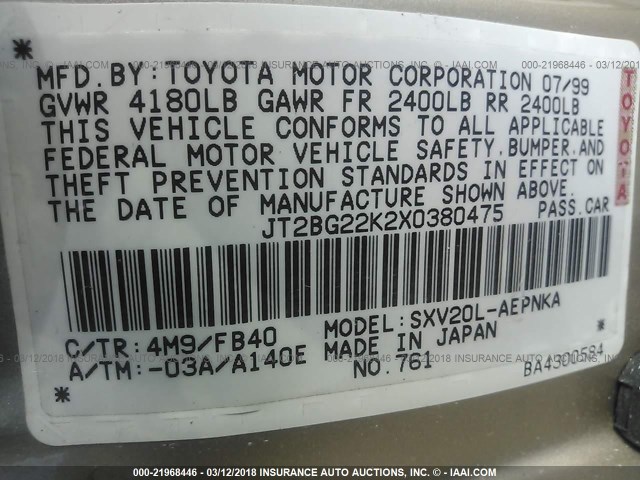 JT2BG22K2X0380475 - 1999 TOYOTA CAMRY LE/XLE TAN photo 9