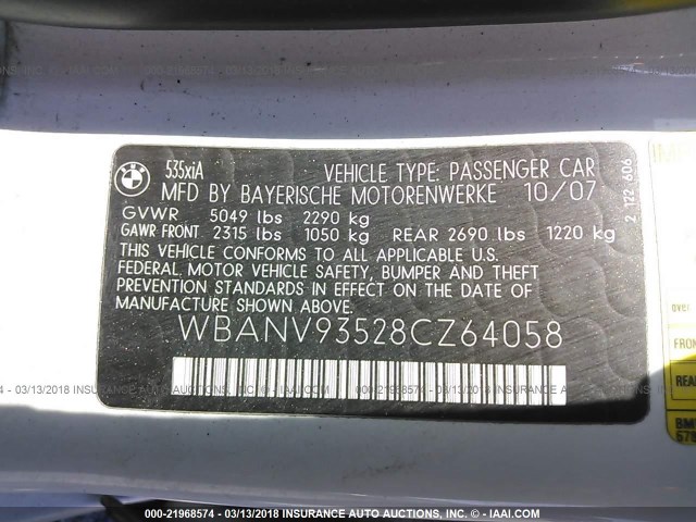 WBANV93528CZ64058 - 2008 BMW 535 XI Beyaz fotoğraf 9