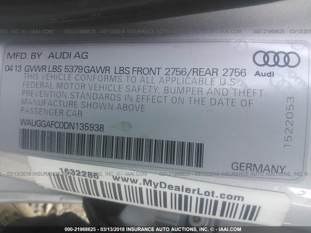 WAUGGAFC0DN135938 - 2013 AUDI A6 PREMIUM PLUS SILVER photo 9