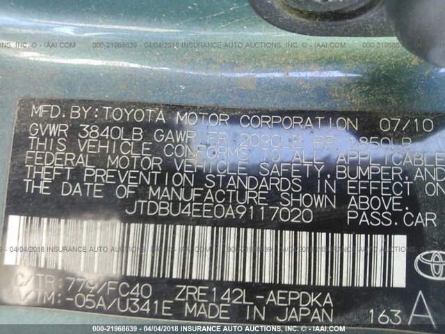 JTDBU4EE0A9117020 - 2010 TOYOTA COROLLA S/LE/XLE GREEN photo 9