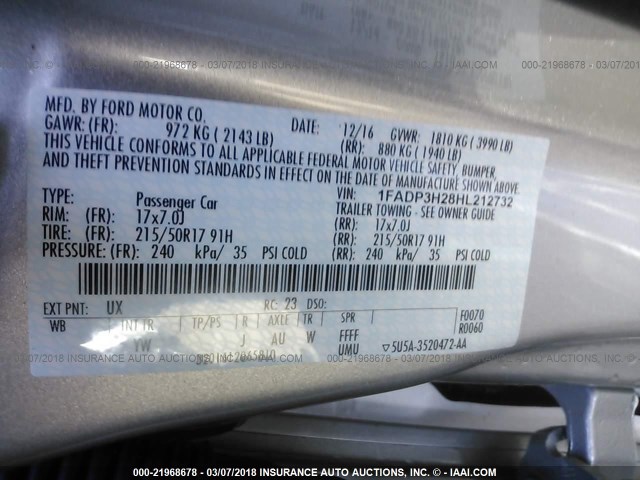 1FADP3H28HL212732 - 2017 FORD FOCUS SEL SILVER photo 9