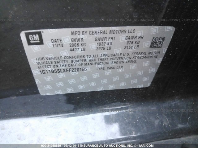 1G11B5SLXFF220165 - 2015 CHEVROLET MALIBU LS 黑色 照片 9