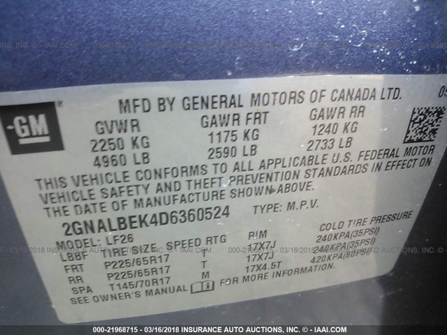 2GNALBEK4D6360524 - 2013 CHEVROLET EQUINOX LS BLUE photo 9