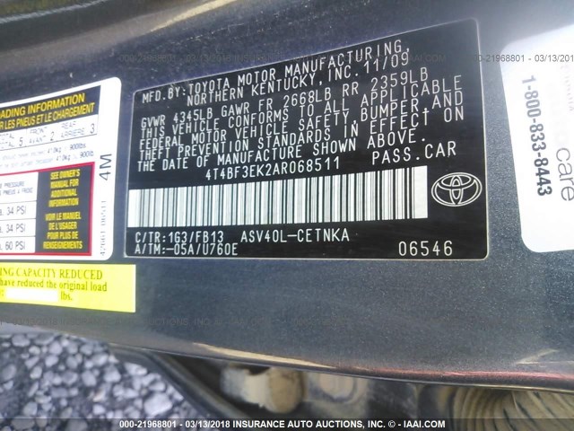 4T4BF3EK2AR068511 - 2010 TOYOTA CAMRY SE/LE/XLE GRAY photo 9