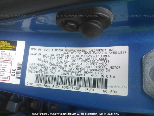 5TELU42N97Z366759 - 2007 TOYOTA TACOMA DOUBLE CAB BLUE photo 9