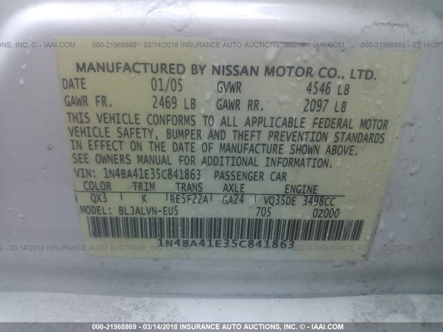 1N4BA41E35C841863 - 2005 NISSAN MAXIMA SE/SL WHITE photo 9