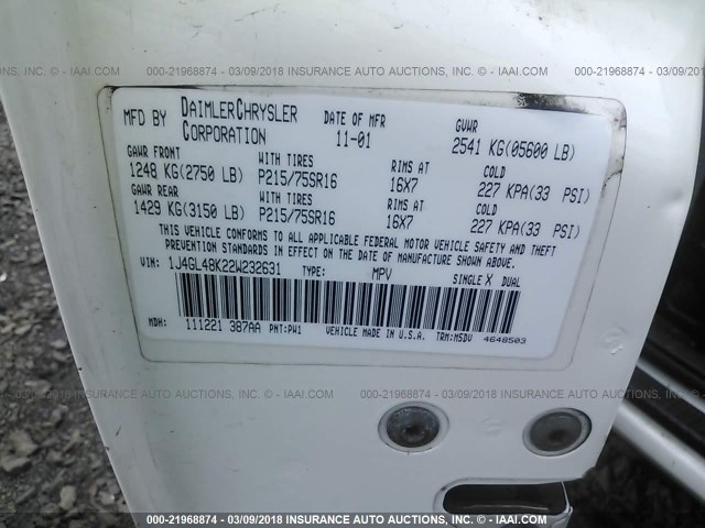 1J4GL48K22W232631 - 2002 JEEP LIBERTY SPORT 白色 照片 9