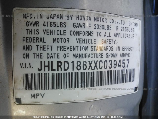 JHLRD186XXC039457 - 1999 HONDA CR-V EX SILVER photo 9