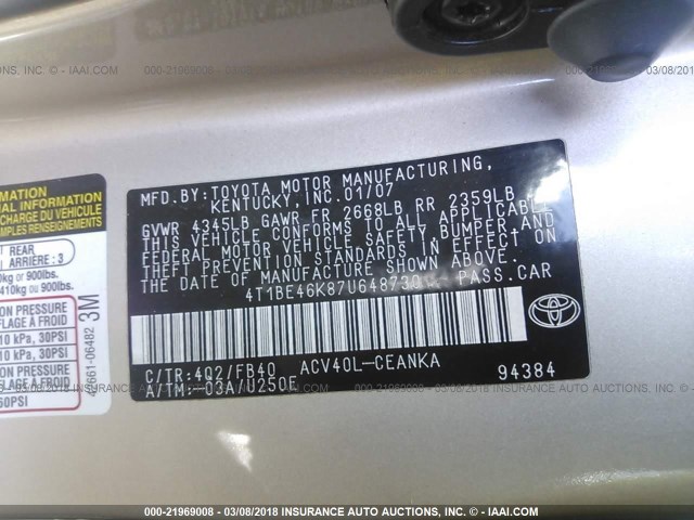 4T1BE46K87U648730 - 2007 TOYOTA CAMRY NEW GENERAT CE/LE/XLE/SE GOLD photo 9