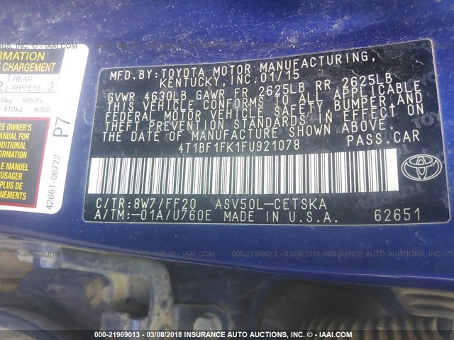 4T1BF1FK1FU921078 - 2015 TOYOTA CAMRY LE/XLE/SE/XSE ლურჯი ფოტო 9