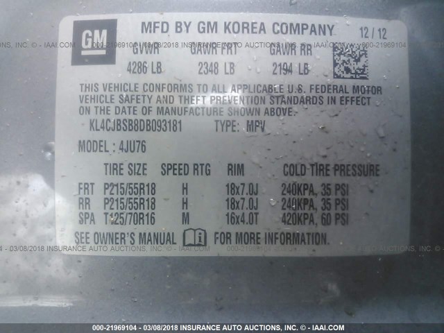 KL4CJBSB8DB093181 - 2013 BUICK ENCORE CONVENIENCE 灰色 照片 9