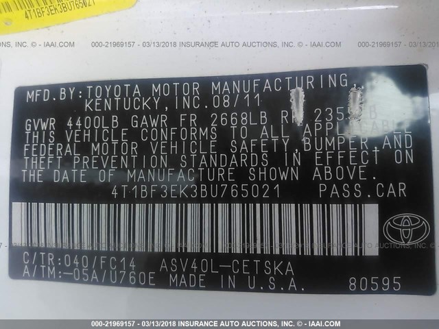 4T1BF3EK3BU765021 - 2011 TOYOTA CAMRY SE/LE/XLE Белый фото 9