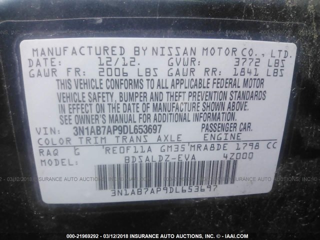 3N1AB7AP9DL653697 - 2013 NISSAN SENTRA S/SV/SR/SL Light Blue photo 9