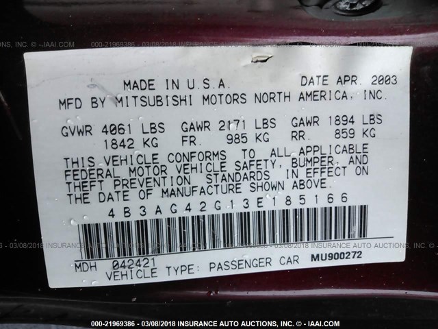 4B3AG42G13E185166 - 2003 DODGE STRATUS SE BURGUNDY photo 9