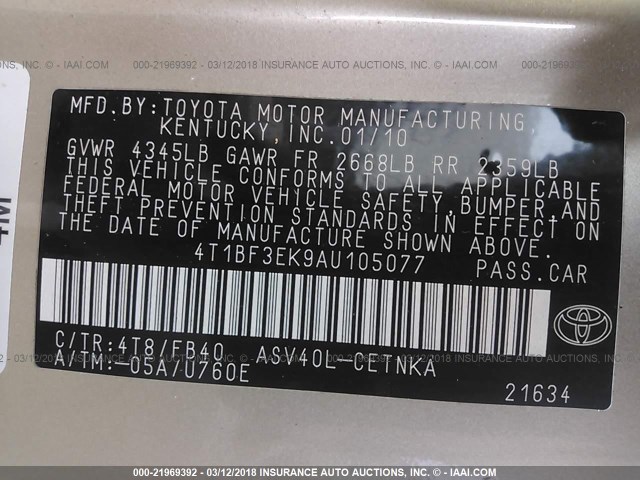 4T1BF3EK9AU105077 - 2010 TOYOTA CAMRY SE/LE/XLE 金色 照片 9
