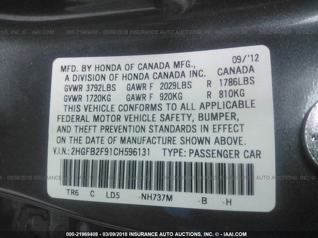 2HGFB2F91CH596131 - 2012 HONDA CIVIC EXL GRAY photo 9