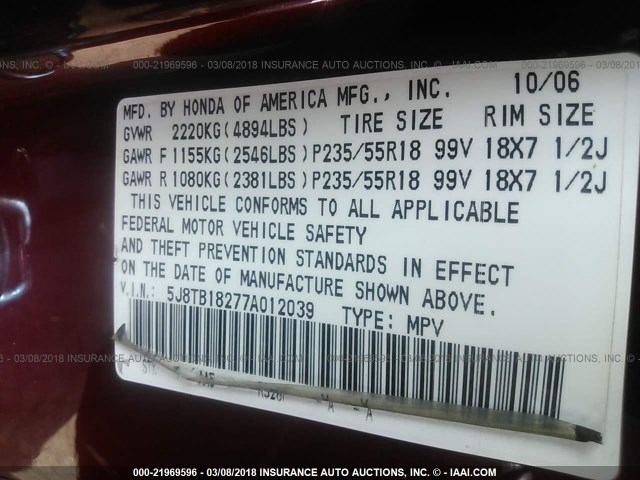 5J8TB18277A012039 - 2007 ACURA RDX RED photo 9