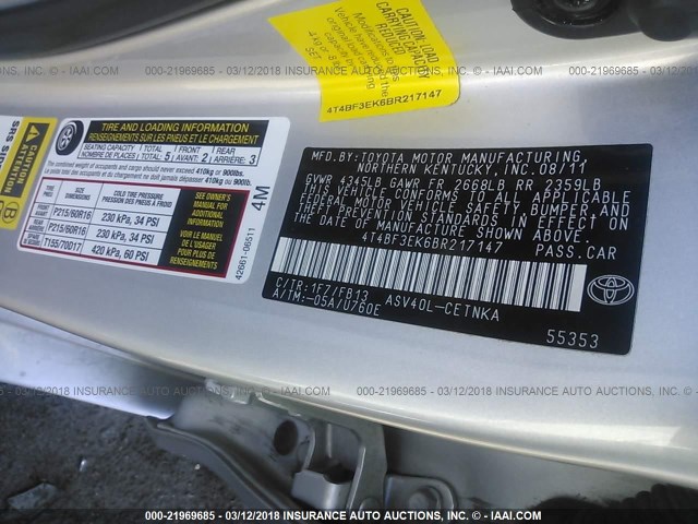 4T4BF3EK6BR217147 - 2011 TOYOTA CAMRY SE/LE/XLE SILVER photo 9