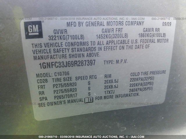 1GNFC33J69R287397 - 2009 CHEVROLET TAHOE C1500 LTZ GRAY photo 9