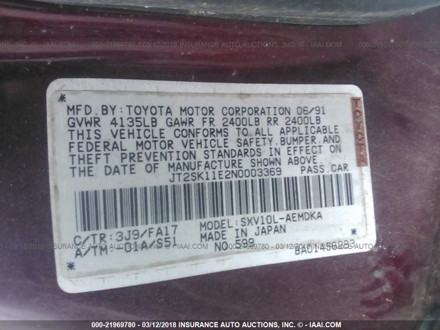 JT2SK11E2N0003369 - 1992 TOYOTA CAMRY DLX MAROON photo 9