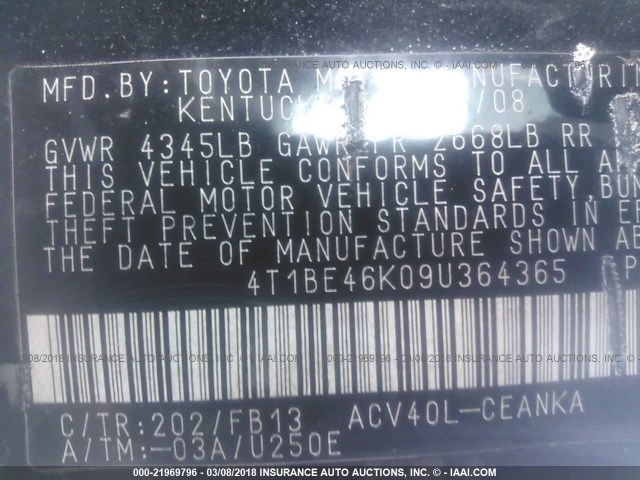 4T1BE46K09U364365 - 2009 TOYOTA CAMRY SE/LE/XLE GRAY photo 9