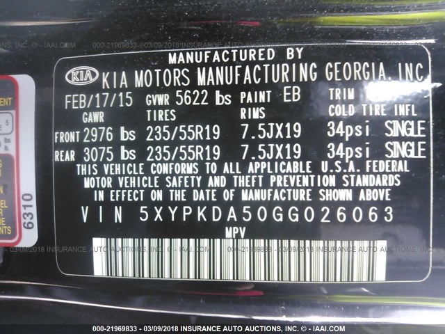 5XYPKDA50GG026063 - 2016 KIA SORENTO SX/SX LIMITED BLACK photo 9