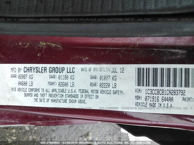 1C3CCBCB1CN283792 - 2012 CHRYSLER 200 LIMITED RED photo 9