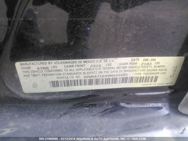 3VWRA71K49M033992 - 2009 VOLKSWAGEN JETTA WOLFSBURG 黑色 照片 9