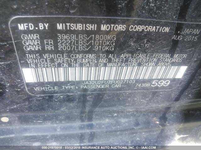 JA32U2FU7FU027103 - 2015 MITSUBISHI LANCER ES BLACK photo 9