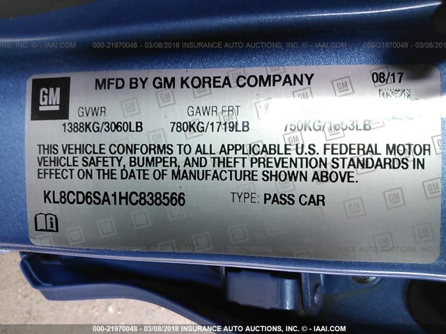 KL8CD6SA1HC838566 - 2017 CHEVROLET SPARK 1LT Синий фото 9