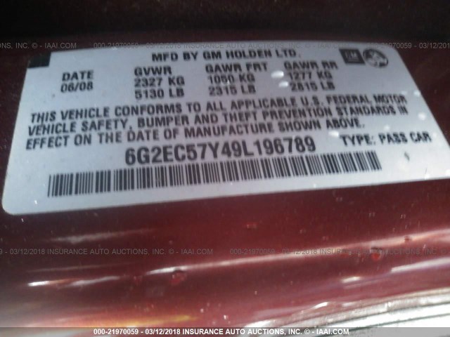 6G2EC57Y49L196789 - 2009 PONTIAC G8 GT RED photo 9