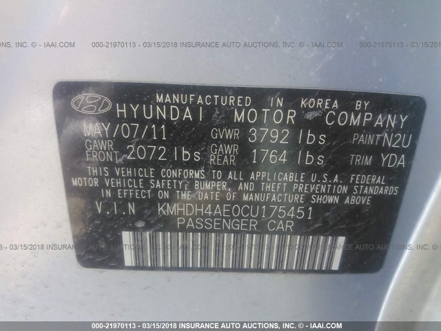 KMHDH4AE0CU175451 - 2012 HYUNDAI ELANTRA GLS/LIMITED BLUE photo 9