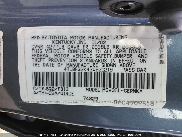 4T1BF32K42U521219 - 2002 TOYOTA CAMRY LE/XLE/SE 蓝色 照片 9