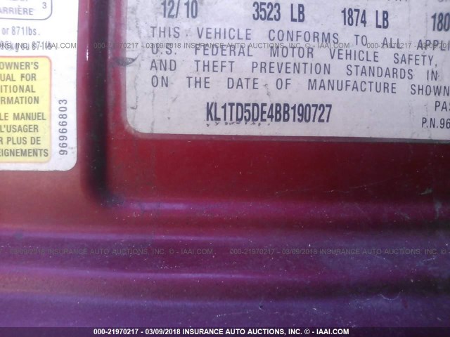 KL1TD5DE4BB190727 - 2011 CHEVROLET AVEO LS/LT 栗色 照片 9