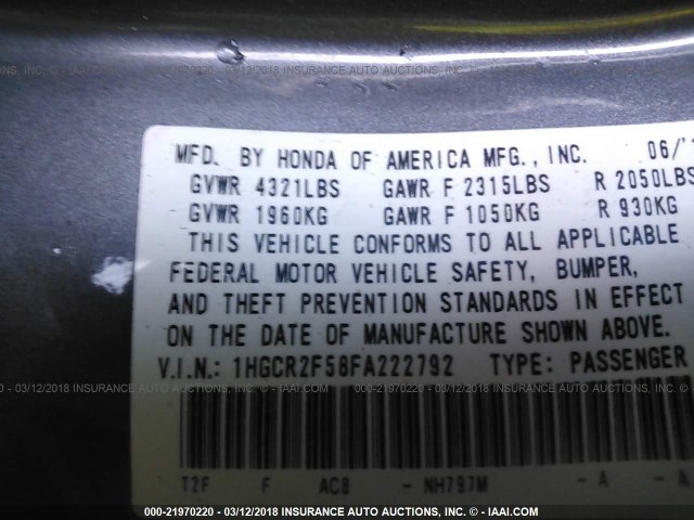 1HGCR2F58FA222792 - 2015 HONDA ACCORD SPORT 灰色 照片 9
