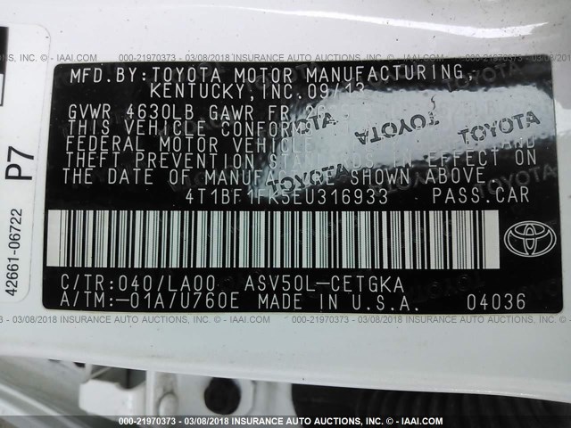 4T1BF1FK5EU316933 - 2014 TOYOTA CAMRY L/SE/LE/XLE 白色 照片 9