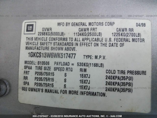 1GKCS13W6WK517477 - 1998 GMC JIMMY TAN photo 9