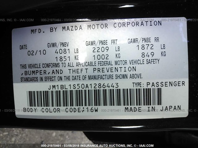 JM1BL1S50A1286443 - 2010 MAZDA 3 S BLACK photo 9