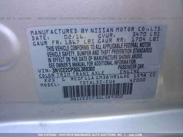 3N1CE2CP3GL389302 - 2016 NISSAN VERSA NOTE S/S PLUS/SV/SL/SR SILVER photo 9