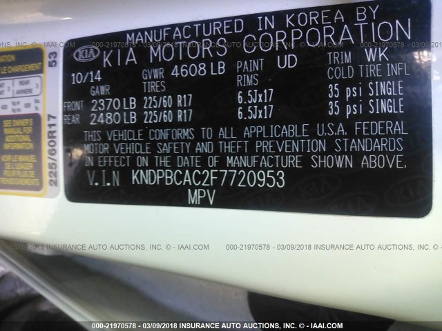 KNDPBCAC2F7720953 - 2015 KIA SPORTAGE LX WHITE photo 9