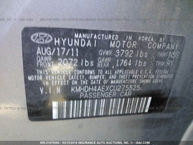 KMHDH4AEXCU275525 - 2012 HYUNDAI ELANTRA GLS/LIMITED SILVER photo 9