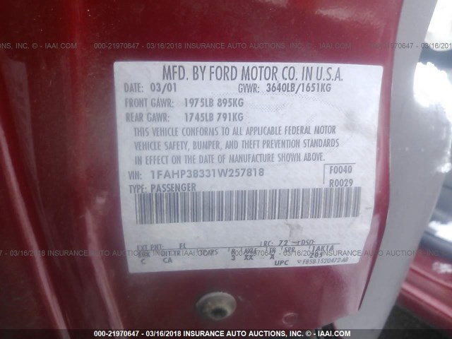 1FAHP38331W257818 - 2001 FORD FOCUS ZTS BURGUNDY photo 9