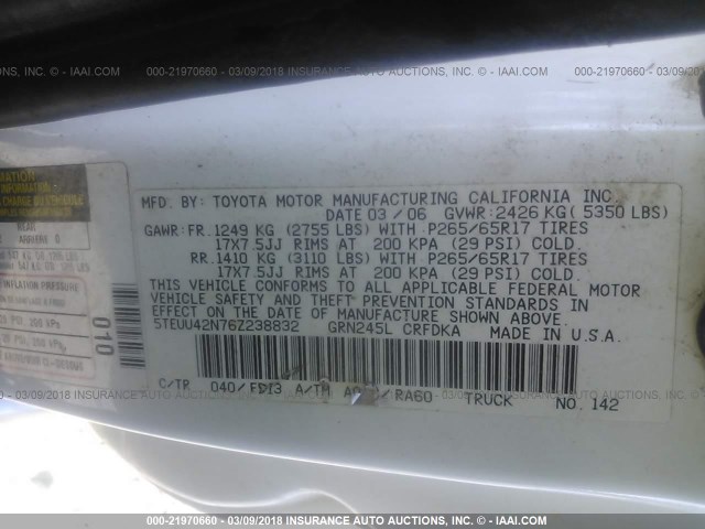 5TEUU42N76Z238832 - 2006 TOYOTA TACOMA ACCESS CAB Ақ фото 9