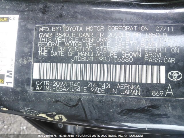 JTDBU4EE9BJ106680 - 2011 TOYOTA COROLLA S/LE BLACK photo 9