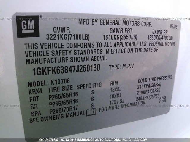 1GKFK63847J260130 - 2007 GMC YUKON DENALI WHITE photo 9