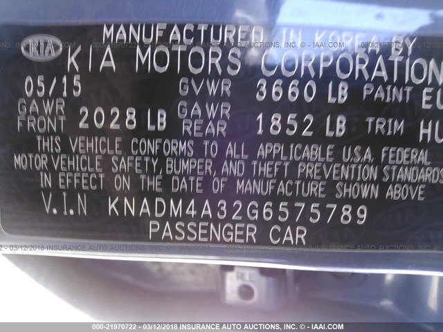 KNADM4A32G6575789 - 2016 KIA RIO LX BLUE photo 9