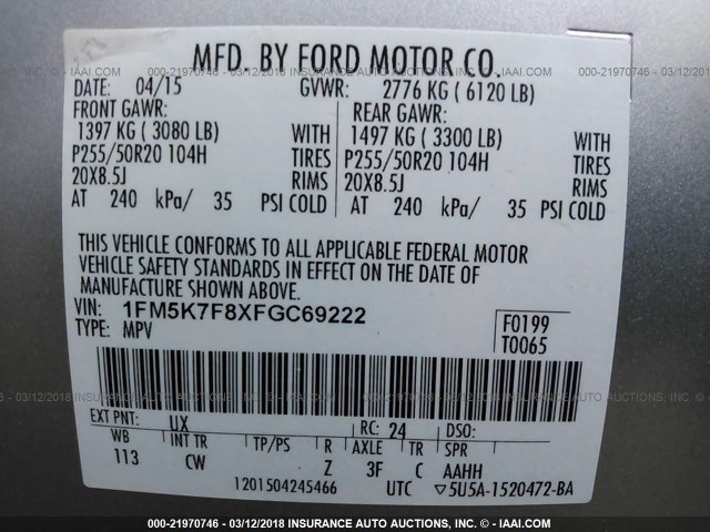 1FM5K7F8XFGC69222 - 2015 FORD EXPLORER LIMITED SILVER photo 9